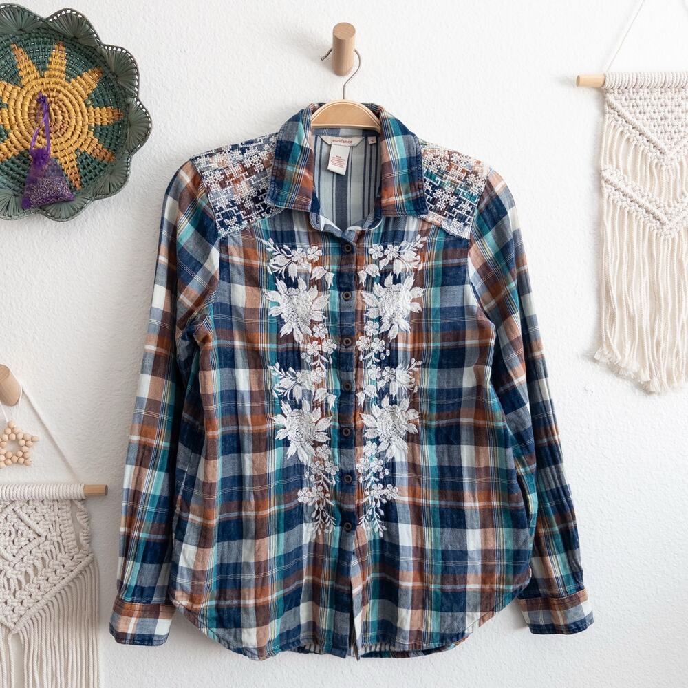 Sundance Quiet Canyon Western Boho Floral Embroidered Plaid Button Down Shirt Sm